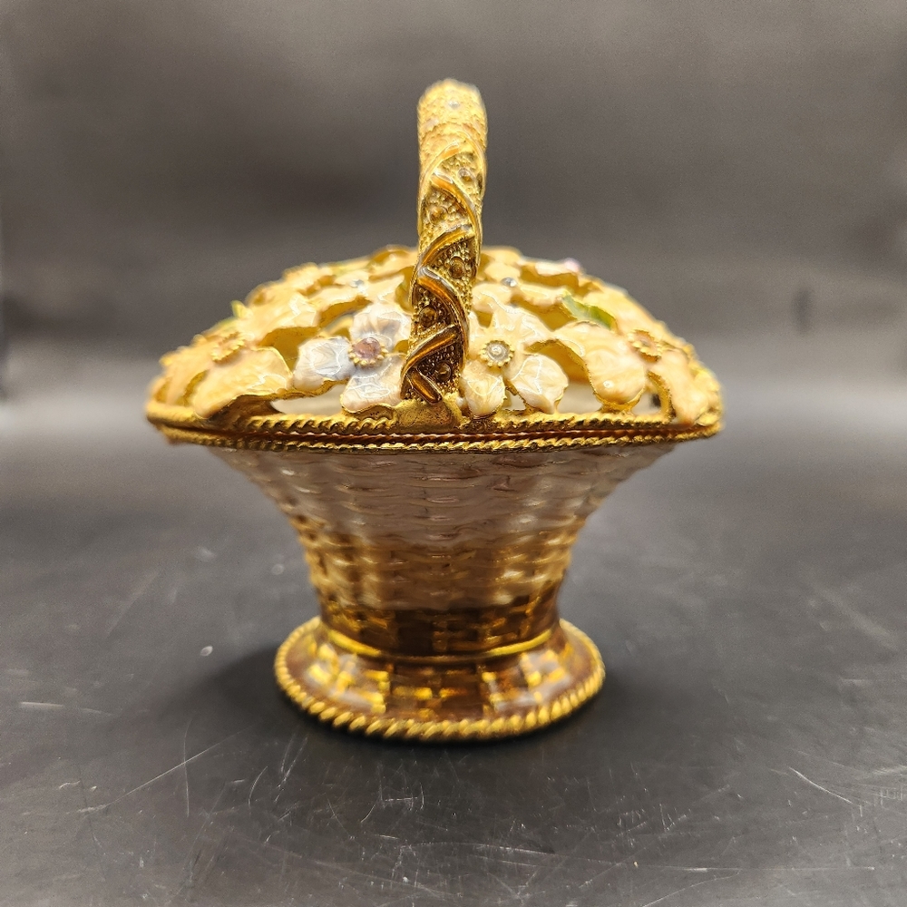 Vintage Enamel Metal Flower Basket Music Box Jeweled Rhinestone